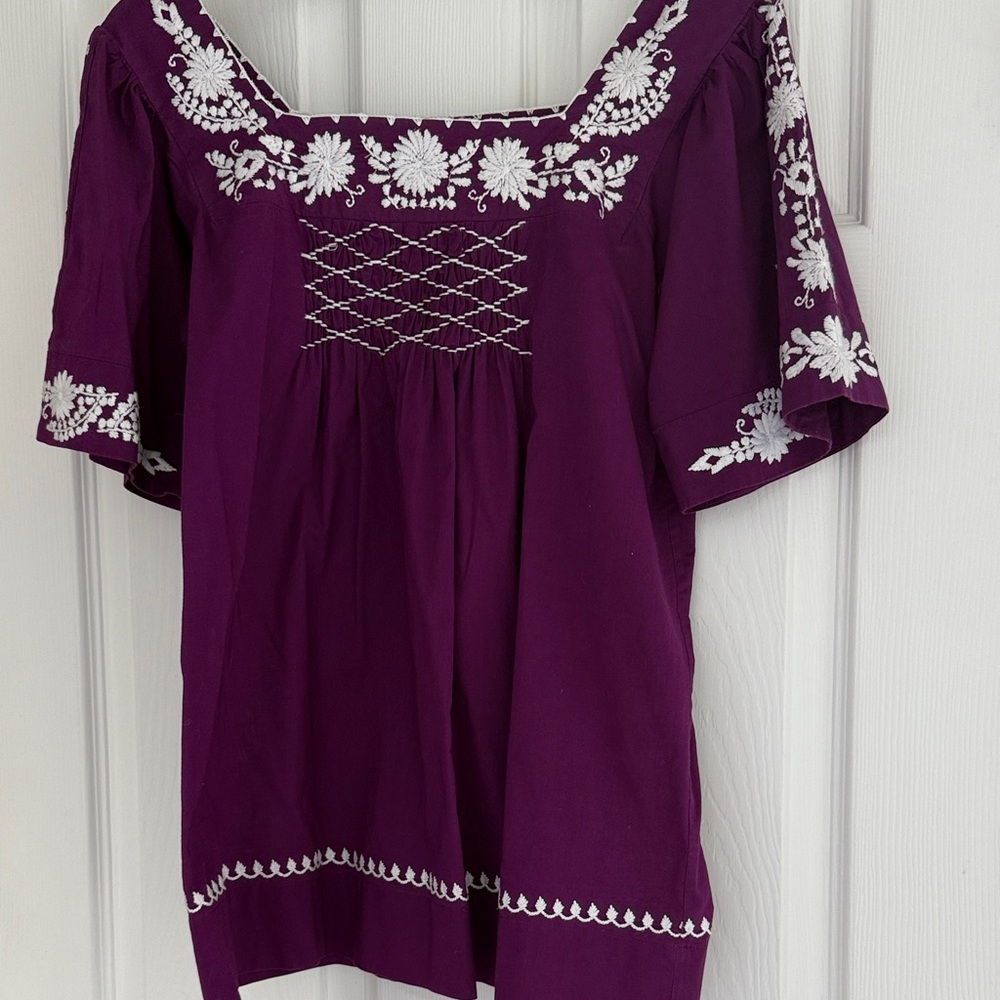Karen Kane Plum Blouse with White Embroidery